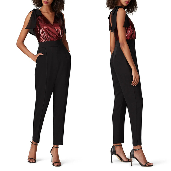 Harlyn Pants - Harlyn Sequin Top Jumpsuit with Bows Women's Black and Red $182 - Size M